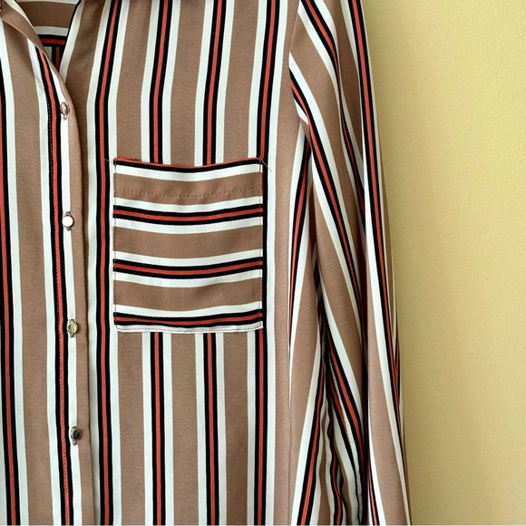 Dynamite| Classic Loose Tan Striped Oversized Flowy Collar & Button Shirt Sz S - Picture 2 of 7